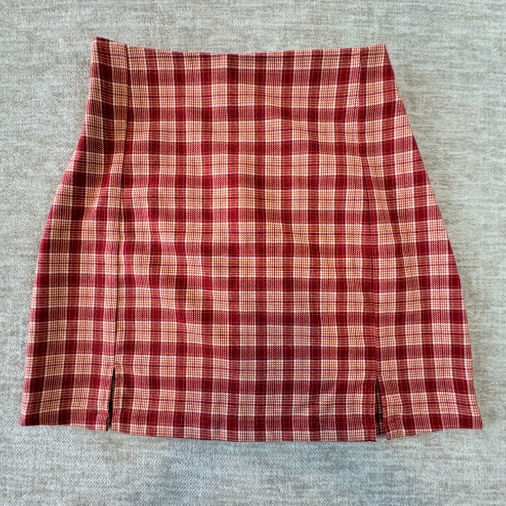 Brandy Melville Mini Skirt Plaid Red Orange Casual Party Size XS-S Stretch